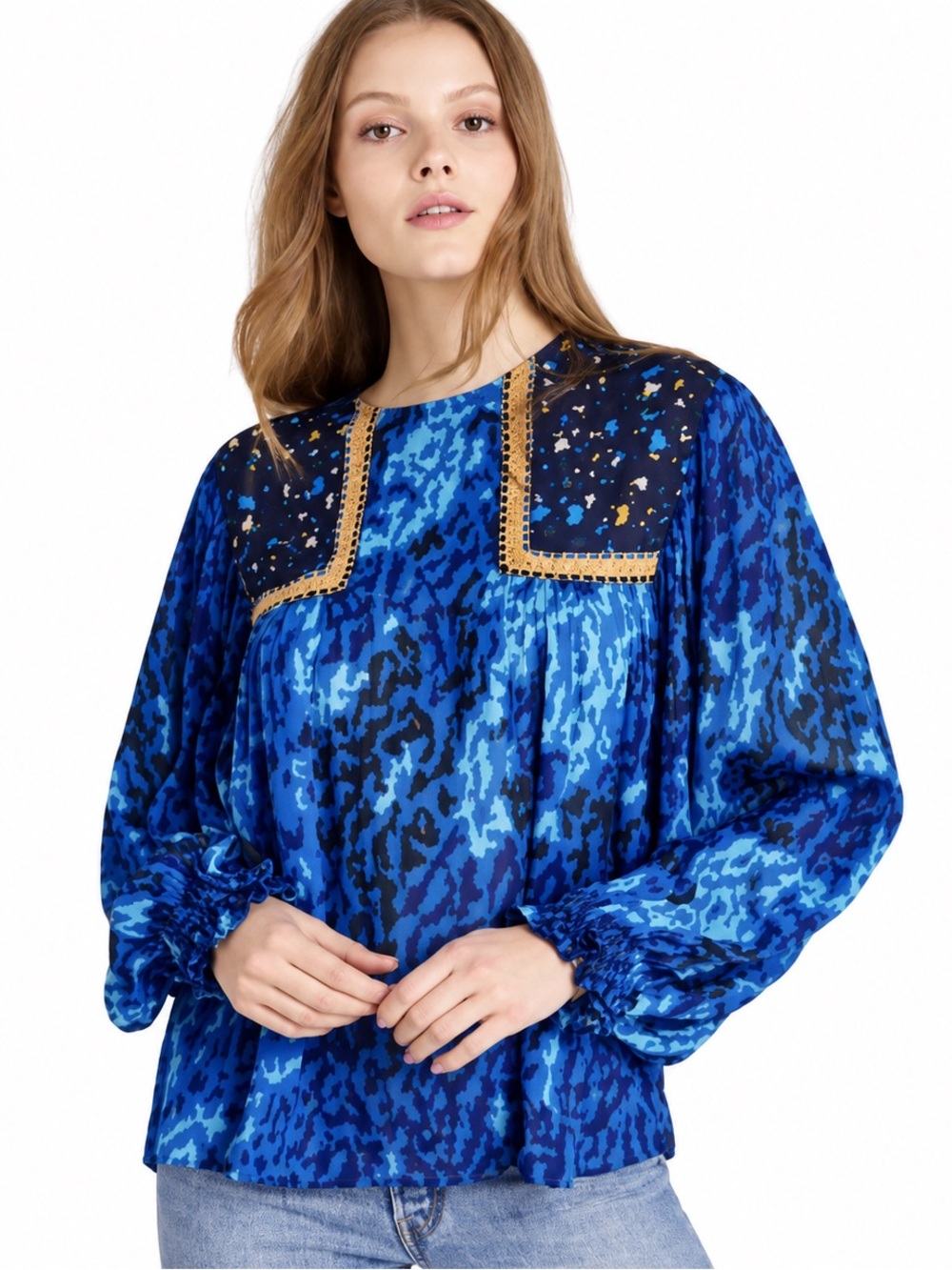 Anthropologie Blank London Blue Print Lace Yoke Peasant Blouse Petite XS